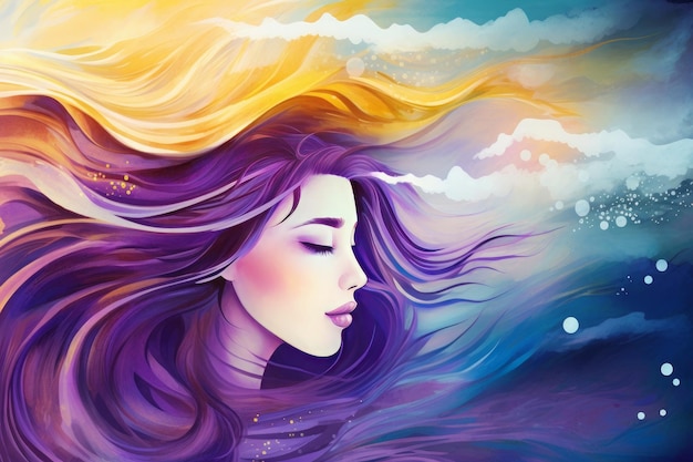 Kunst van water abstract kunstwerk met een meisje met lang haar en wolken op de achtergrond gegenereerd door AI