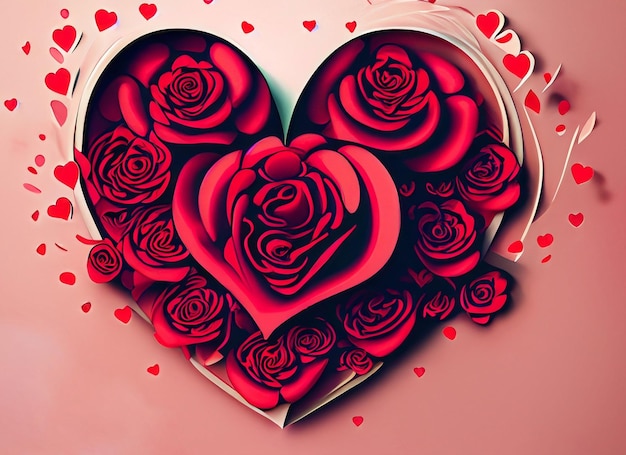 kunstbannerontwerp van rode rozen en het papieren hart op valentijnsdag