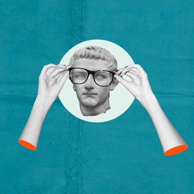 Kunstcollage hoofd en handen met bril op blauwe achtergrond