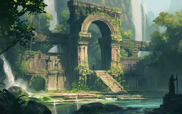 kunstconcept van een oude tempelingang in de jungle met watervallen en weelderig groen eromheen