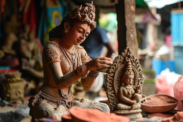 Kunstenaar creëert een Swaraswati-beeld voor Sarswati Puja in Guwahati, Assam