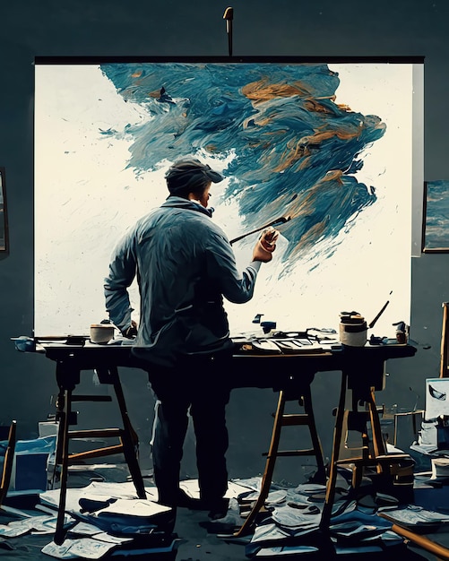 Kunstenaar die in zijn atelier werkt, omringd door doeken, penselen en verf, gericht op zijn creatie