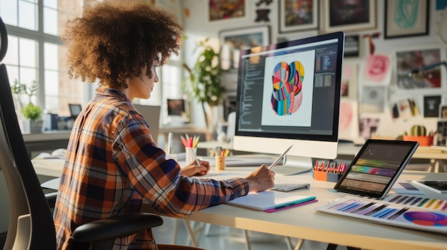 Foto kunstenaar die overweegt te schilderen in een zonnelichte studio