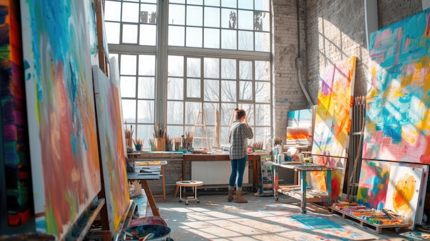 Foto kunstenaar die overweegt te schilderen in een zonnelichte studio