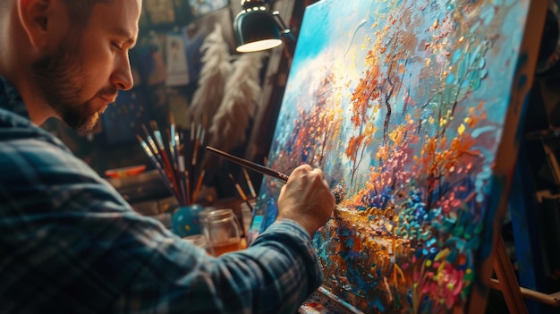 Foto kunstenaar in een geruite hemd die aandachtig aan een kleurrijke landschapsschildering werkt