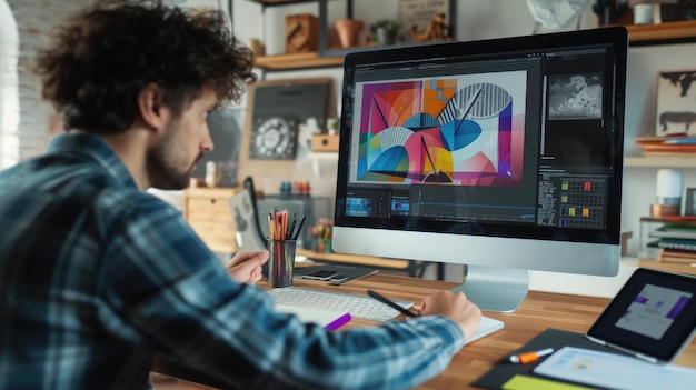 Foto kunstenaar overweegt schilderen in een zonneschijnende studio aig41