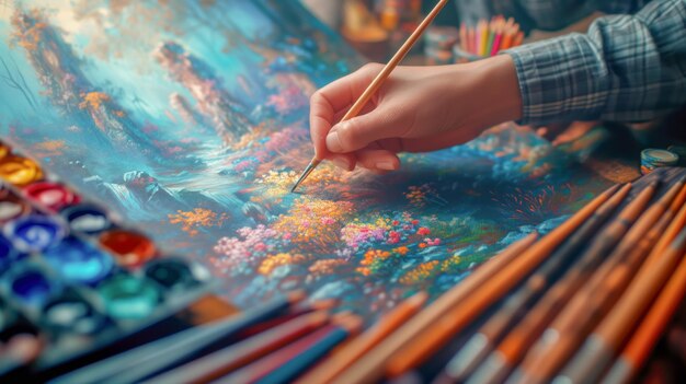 Foto kunstenaar schildert kleurrijke bloemenkunstwerken