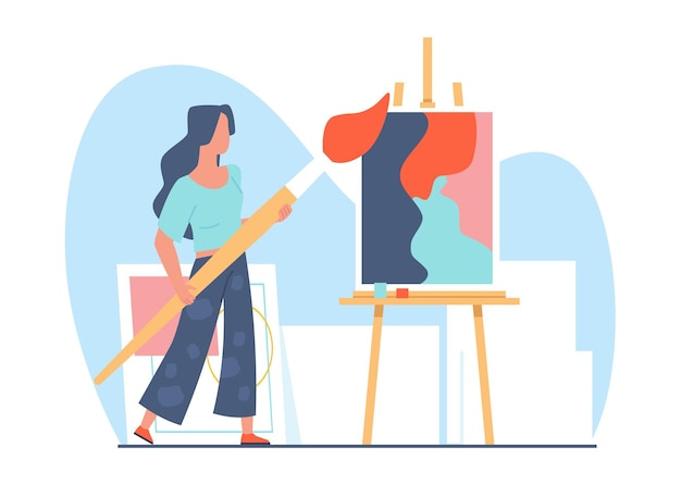 Kunstenaar vrouw met penseel bij een easel schilderij vrouwelijk personage tekenen Creatieve hobby kunstwerk creatie Abstracte afbeelding Cartoon platte geïsoleerde illustratie Vector artistiek concept
