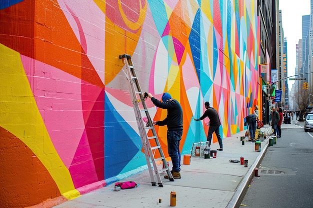 Kunstenaars schilderen kleurrijke muurschilderingen op een stadsstraat