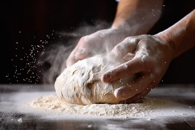 Kunstig brood bakken Deeg kneden te midden van bloemstofwolk Conceptueel culinair vakmanschap Gemaakt met