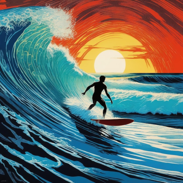 Foto kunstillustratie van een surfer op een golf met een ondergaande zon