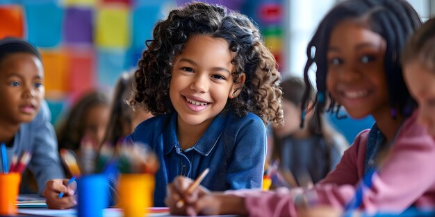 Kunstklas van de basisschool met een leraar die de studenten begeleidt bij het tekenen Concept Art technieken Teken oefeningen Elementarisch onderwijs Creatieve instructie