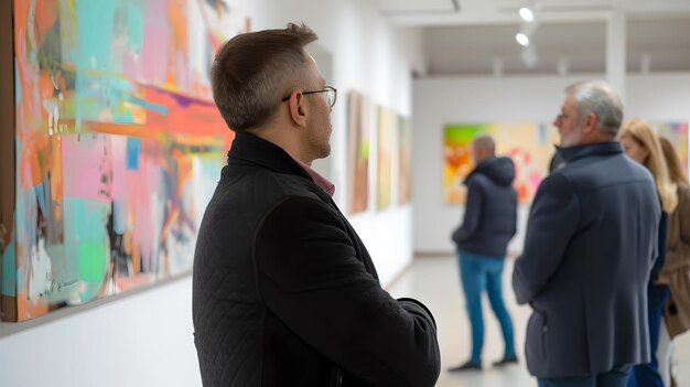 Kunstliefhebbers genieten van levendige schilderijen in een moderne galerie tentoonstelling ideaal voor het adverteren van de hedendaagse kunst scene AI