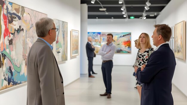 Kunstliefhebbers verkennen een moderne galerie schilderijen tentoongesteld in een schone ruimte casual kijkervaring perfect voor cultuur thema's AI