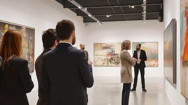Kunstliefhebbers verzamelen zich in een galerie voor de opening van een tentoonstelling van moderne kunst die door bezoekers wordt bekeken.