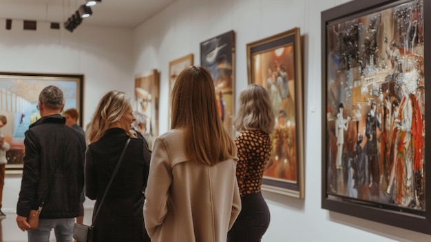 Foto kunstliefhebbers waarderen kleurrijke schilderijen op een tentoonstelling in een moderne kunstgalerie