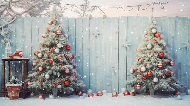 Kunstmatige dennenboom versierd met rood kerstspeelgoed buitenshuis tijdens sneeuwval in de tuin op besneeuwde achtergrond Nieuwjaar en kerstconcept Foto van hoge kwaliteit