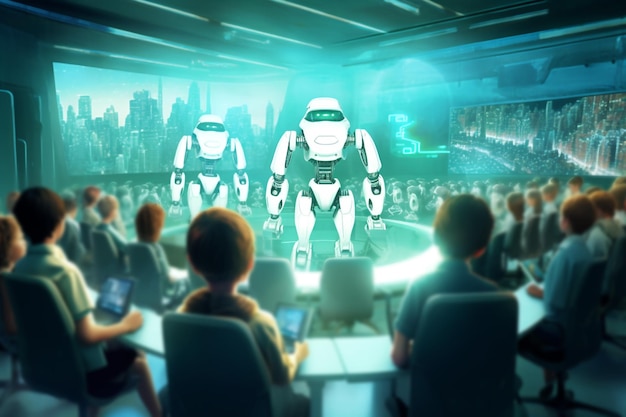 Kunstmatige intelligentie AI robot of cyborg leraar met schoolstudent kind