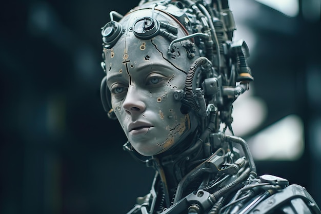 Kunstmatige intelligentie concept Cyborg kabels robot futuristische concept worden menselijke stijl filmische