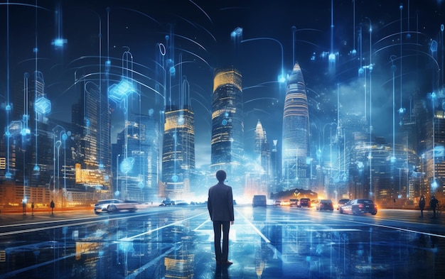 Kunstmatige intelligentie die kijkt naar slimme stad AI controleert het dataverkeer van de stadsinfrastructuur