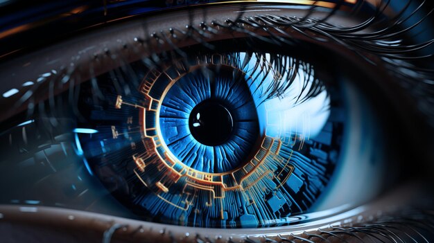 Kunstmatige intelligentie Een brede visie op de toekomst van geavanceerde technologie Doelstellingen voor succes in de digitale wereld en close-up oog anatomie structuur Zie het oog dat het wiel van innovatie is