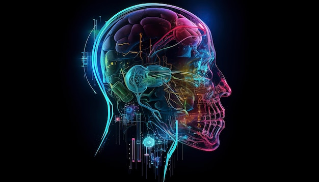 Kunstmatige intelligentie een humanoïde cybermens met een neuraal netwerk denkt AI-concept van big data of cyberbeveiliging Chat GPT-concept AI met een digitaal brein verwerkt big data Generatieve AI