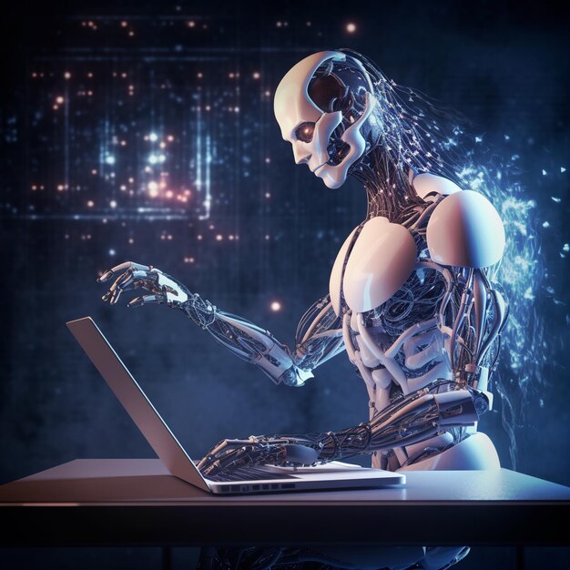 Foto kunstmatige intelligentie een humanoïde cyberrobot die met behulp van een laptop leert om grote gegevens te verwerken generativ