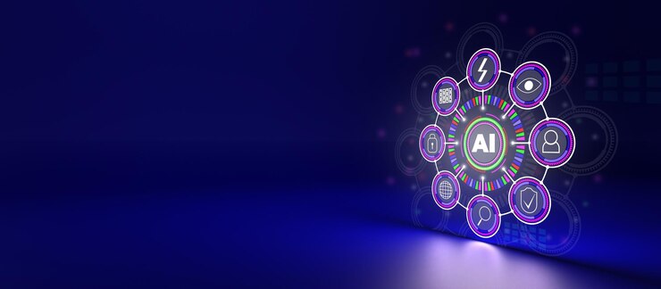 Kunstmatige intelligentie en geautomatiseerde machinale leertaal blauwe digitale gebruikersinterface Cyberbeveiliging computervisie metaverse twin drive business industrial