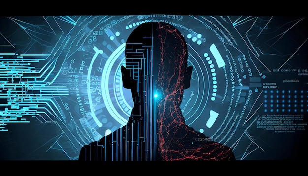 Kunstmatige intelligentie Geweten Existentiële dreiging van AGI AI Takeover Concept met digitaal gezicht op technische achtergrond Generatief A