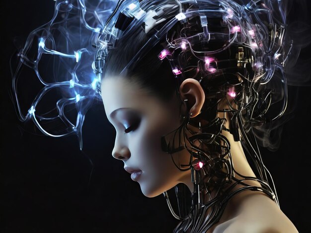 Foto kunstmatige intelligentie in beeld van cyborg meisje met elektronisch brein