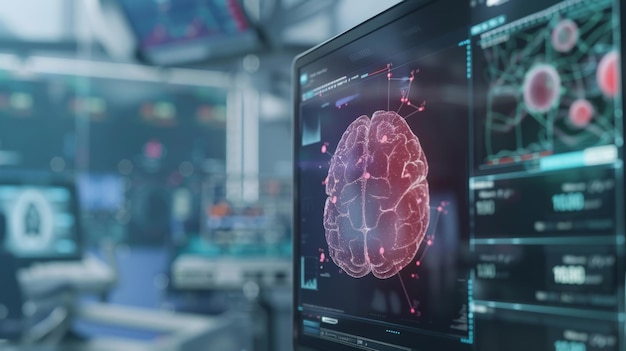 Kunstmatige intelligentie in slimme gezondheidszorg ziekenhuistechnologie concept AI biomedische algoritmen en machine learning detecteren hersenpneumonie en kankercellen in X-stralen proces