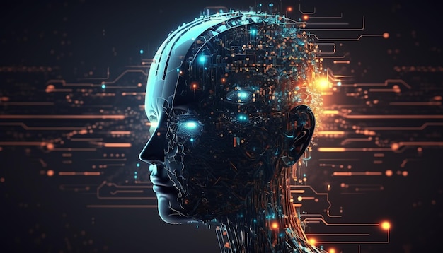 Kunstmatige intelligentie met een computerbrein in de vorm van een robothoofd met een cybernetische geest