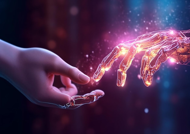 Kunstmatige intelligentie Robothand die mens aanraakt De verbinding voor de technologie