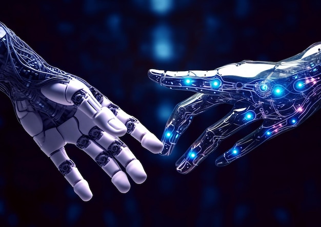Kunstmatige intelligentie Robothand die mens aanraakt De verbinding voor de technologie