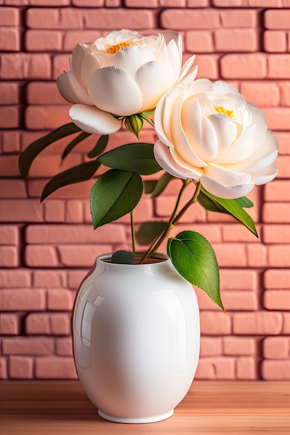 Kunstmatige pioenrozen bloemen in witte keramische vaas op de tafel versieren bakstenen muur als achtergrond