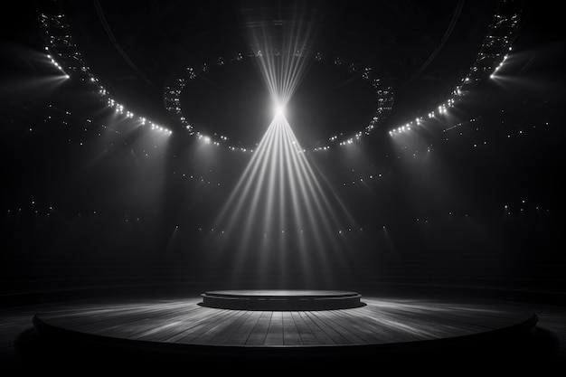 Kunstmatige voorstellingen op het podium licht achtergrond met schijnwerpers verlichtte het podium voor hedendaagse