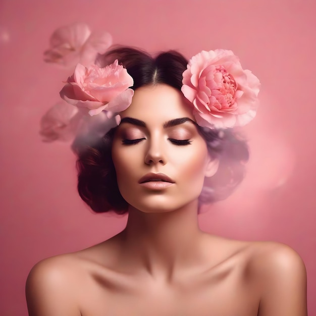 Kunstportret van een donkerbruin meisje met roze bloemen in haar haar professionele make-up roze achtergrond