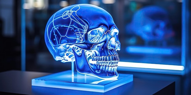 Kunststof model van abstracte blauwe menselijke schedel