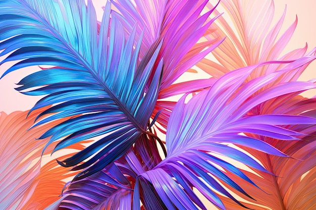 Kunstwerk met levendige en gedurfde holografische gradiëntkleuren met tropische bladeren en palmbladeren met een minimale surrealistische benadering