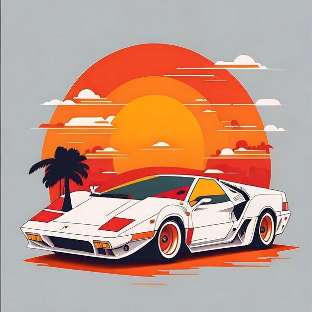 kunstwerk van t-shirt grafisch ontwerp plat ontwerp van een retro Ferrari witte Miami kleurrijke schakeringen