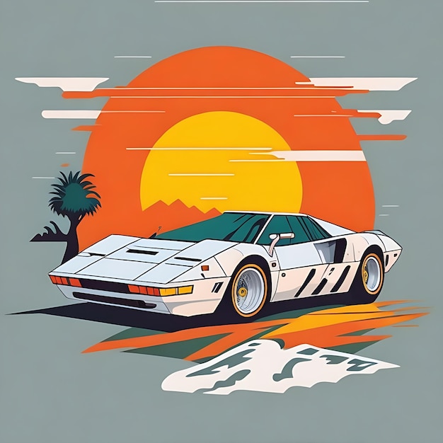 kunstwerk van t-shirt grafisch ontwerp plat ontwerp van een retro Ferrari witte Miami kleurrijke schakeringen