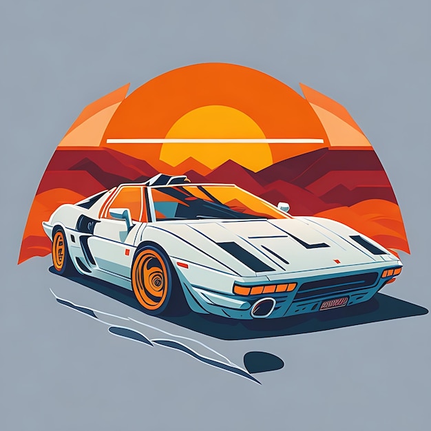 kunstwerk van t-shirt grafisch ontwerp plat ontwerp van een retro Ferrari witte Miami kleurrijke schakeringen