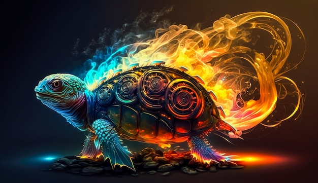 Kunstwerkillustratie van kleurrijke zeeschildpad die op zwarte achtergrond wordt geïsoleerd Generatieve AI