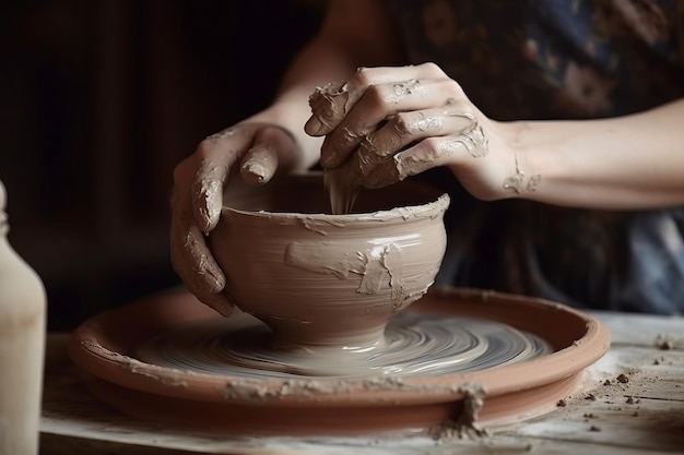 Kunstwerkplaats met natte klei Handen modelleren keramiek ambachtelijke kunst hobby genereren ai