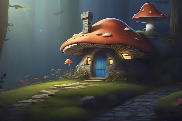 Kunstzinnig beeld van een huis in de vorm van paddestoelen in het bos