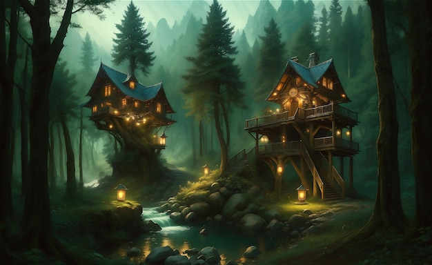 Kunstzinnig concept schilderij van een mooi boomhuis achtergrond illustratie Mysterieus huis