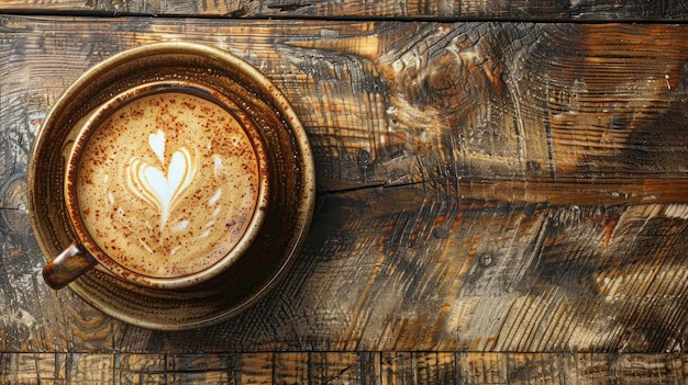 Kunstzinnig latte hartontwerp bovenop een romige koffie dichtbij perspectief ingesteld op rustiek hout gezellige café essentie AI Generatief