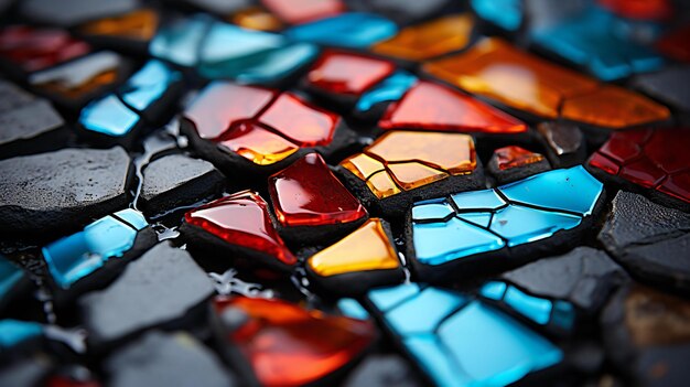 Kunstzinnig mozaïek van gekleurde glazen stukken nat met regendruppels op een gestructureerd oppervlak