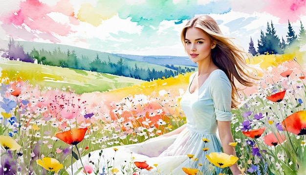 Kunstzinnig schilderij van een jonge vrouw in een bloeiende zomerweide