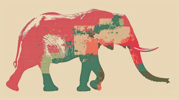 Kunstzinnig schilderij van een olifant met een rood-groen kleurpalet